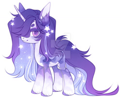 Size: 1024x830 | Tagged: safe, artist:miioko, derpibooru import, oc, oc only, pony, unicorn, deviantart watermark, ethereal mane, hair over one eye, horn, obtrusive watermark, simple background, smiling, solo, starry mane, unicorn oc, watermark, white background