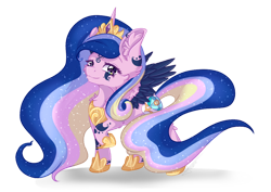 Size: 1024x724 | Tagged: safe, artist:maneblue, derpibooru import, princess cadance, princess celestia, princess luna, alicorn, pony, chest fluff, ear fluff, ears, ethereal mane, female, fusion, hoof shoes, jewelry, mare, raised hoof, raised leg, simple background, smiling, solo, starry mane, tiara, transparent background