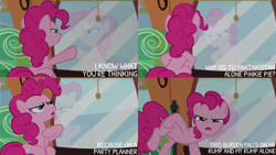 Size: 1280x720 | Tagged: safe, derpibooru import, edit, edited screencap, editor:quoterific, screencap, pinkie pie, earth pony, pony, party pooped, season 5, female, friendship express, locomotive, mare, open mouth, solo, steam locomotive, text, train