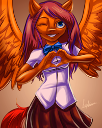 Size: 1920x2400 | Tagged: artist needed, safe, derpibooru import, oc, oc:lucky, anthro, pegasus, blouse, bowtie, clothes, crossdressing, heart hands, looking at you, one eye closed, pegasus oc, school uniform, skirt, spread wings, wings, wink, winking at you