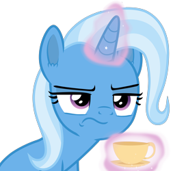 Size: 3000x3000 | Tagged: safe, artist:frownfactory, derpibooru import, trixie, unicorn, student counsel, annoyed, cup, female, food, magic, magic aura, mare, simple background, solo, tea, teacup, telekinesis, transparent background, vector