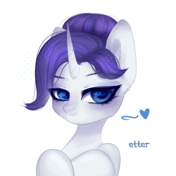 Size: 1024x1024 | Tagged: safe, artist:etter, derpibooru import, rarity, pony, unicorn, alternate hairstyle, blushing, bust, colored pupils, cute, eyebrows, female, heart, heart eyes, horn, looking at you, mare, new hairstyle, portrait, simple background, smiling, smiling at you, solo, watermark, white background, wingding eyes