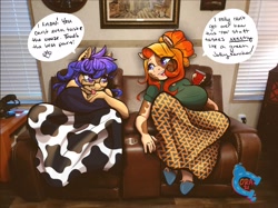Size: 2048x1535 | Tagged: safe, artist:paintedcora, derpibooru import, oc, oc only, anthro, cow, cow pony, earth pony, unguligrade anthro, art trade, big breasts, blanket, breasts, chair, clothes, dialogue, digital art, duo, duo female, ear piercing, earring, eye clipping through hair, female, glasses, irl, jewelry, looking at each other, looking at someone, open mouth, open smile, photo, piercing, shirt, sitting, smiling, speech bubble, tail, talking, text, tongue, tongue out