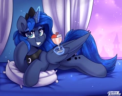 Size: 2100x1650 | Tagged: safe, artist:shadowreindeer, derpibooru import, princess luna, alicorn, pony, comparison, cute, draw this again, drink, female, glass, grin, levitation, looking at you, lunabetes, lying down, magic, mare, pillow, prone, redraw, smiling, smiling at you, solo, telekinesis, wine glass