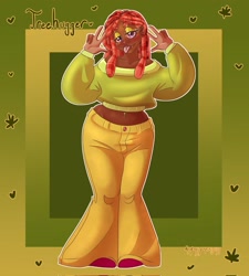 Size: 1843x2048 | Tagged: safe, artist:unfinishedheckery, derpibooru import, tree hugger, human, bedroom eyes, belly button, bellyring, breasts, clothes, dark skin, digital art, ear piercing, female, humanized, looking at you, midriff, pants, piercing, shirt, solo, tongue, tongue out