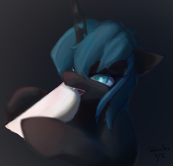 Size: 2259x2160 | Tagged: safe, artist:rainsketch, derpibooru import, queen chrysalis, changeling, changeling queen, pony, biting, black background, bust, fangs, female, high res, horn, mare, signature, simple background, solo