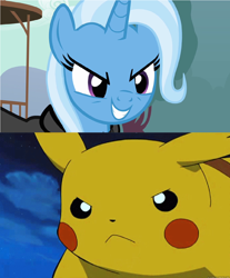 Size: 1240x1500 | Tagged: safe, artist:disneyponyfan, derpibooru import, edit, screencap, trixie, pikachu, pony, unicorn, magic duel, cape, clothes, evil grin, evil trixie, grin, pokémon, smiling, versus