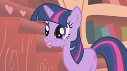 Size: 1280x720 | Tagged: safe, derpibooru import, screencap, twilight sparkle, unicorn twilight, pony, unicorn, look before you sleep, season 1, cute, female, golden oaks library, mare, smiling, solo, twiabetes