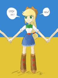 Size: 1500x2000 | Tagged: safe, artist:fude-chan-art, derpibooru import, applejack, equestria girls, clothes, current events, female, flag, mouthpiece, offscreen character, ukraine