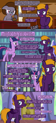 Size: 1920x4197 | Tagged: safe, artist:alexdti, derpibooru import, twilight sparkle, twilight sparkle (alicorn), oc, oc:purple creativity, alicorn, earth pony, pegasus, pony, comic:the dark purple, comic, dialogue, ears, female, floppy ears, folded wings, glasses, glowing, glowing horn, high res, hooves, horn, lidded eyes, looking at someone, looking away, looking back, male, mare, misspelling, offscreen character, open mouth, open smile, pegasus oc, raised eyebrow, raised hoof, raised leg, rule 63, smiling, speech bubble, stallion, standing, tail, twilight's castle, underhoof, wings