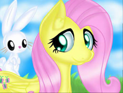Size: 512x387 | Tagged: safe, artist:xvxcammyblossomxvx, derpibooru import, angel bunny, fluttershy, pegasus, pony, rabbit, animal, duo, ear fluff, ears, female, folded wings, looking at each other, looking at someone, looking back, mare, outdoors, rabbits riding ponies, smiling, three quarter view, wings