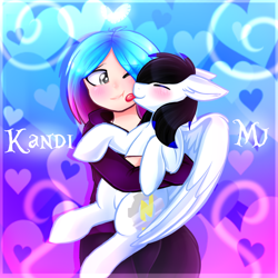 Size: 1500x1500 | Tagged: safe, artist:xvxcammyblossomxvx, derpibooru import, oc, oc only, human, pegasus, pony, blushing, commission, cute, duo, eyes closed, female, holding a pony, licking, pegasus oc, tongue, tongue out