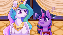 Size: 1920x1080 | Tagged: safe, artist:vladivoices, derpibooru import, part of a series, part of a set, princess celestia, twilight sparkle, unicorn twilight, alicorn, pony, unicorn, fanfic:friendship is tragic, animatic, blushing, book, duo, female, looking at each other, looking at someone