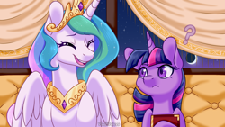 Size: 1920x1080 | Tagged: safe, artist:vladivoices, derpibooru import, part of a series, part of a set, princess celestia, twilight sparkle, unicorn twilight, alicorn, pony, unicorn, fanfic:friendship is tragic, animatic, duo, eyes closed, female, frown, laughing, question mark, smiling, unamused