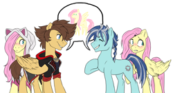 Size: 3336x1808 | Tagged: safe, artist:not-ordinary-pony, derpibooru import, fluttershy, oc, oc:moon mender, fanfic:forgiveness pending, fanfic:kingdom hearts of harmony, blushing, commission, crossover, embarrassed, kingdom hearts, kingdom hearts of harmony, self paradox, self ponidox, sora