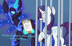 Size: 2999x1920 | Tagged: safe, artist:moonatik, derpibooru import, nightmare moon, rarity, alicorn, unicorn, alternate timeline, cage, captive, clipboard, clothes, contract, deltarune, ethereal mane, ethereal tail, eyeshadow, female, helmet, magic, makeup, mare, new lunar millennium, nightmare takeover timeline, peytral, queen (deltarune), raised hoof, raised leg, shoes, tail