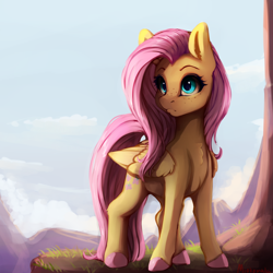 Size: 5000x5000 | Tagged: safe, artist:miokomata, derpibooru import, fluttershy, pegasus, pony, absurd resolution, chest fluff, cliff, colored hooves, cute, female, folded wings, freckles, freckleshy, head turned, mare, outdoors, shyabetes, solo, standing, wings