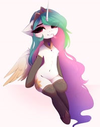 Size: 2685x3396 | Tagged: safe, artist:magnaluna, derpibooru import, princess celestia, alicorn, semi-anthro, belly button, chest fluff, clothes, cute, cutelestia, ear fluff, ears, female, head tilt, looking at you, mare, simple background, sitting, socks, solo, stockings, thigh highs, white background