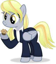 Size: 2920x3310 | Tagged: safe, artist:anime-equestria, derpibooru import, derpy hooves, pegasus, pony, alternate hairstyle, clothes, female, folded wings, food, full body, high res, hoof hold, mare, muffin, shadow, simple background, smiling, solo, standing, suit, tail, transparent background, vector, wings