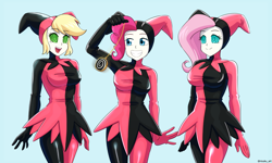 Size: 1350x810 | Tagged: safe, artist:riouku, derpibooru import, applejack, fluttershy, pinkie pie, equestria girls, applerack, breasts, female, females only, grin, hootershy, hypnosis, jester, latex, matching outfits, open mouth, open smile, pendulum swing, pinkie pies, pocket watch, smiling, swirly eyes