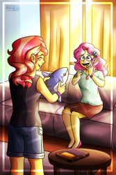 Size: 1600x2400 | Tagged: safe, artist:coiris, derpibooru import, fluttershy, sunset shimmer, shark, fanfic:playing house, equestria girls, deviantart watermark, duo, fanfic art, female, obtrusive watermark, plushie, watermark