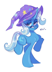 Size: 636x874 | Tagged: safe, artist:maximkoshe4ka, derpibooru import, trixie, pony, unicorn, clothes, disgusted, ew, female, hat, mare, open mouth, raised hoof, raised leg, simple background, solo, trixie's hat, white background