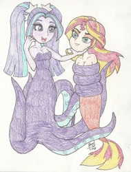 Size: 1065x1400 | Tagged: safe, artist:bageloftime, derpibooru import, aria blaze, sunset shimmer, mermaid, equestria girls, bare shoulders, bondage, breasts, cecaelia, cleavage, clothes, commission, commissioner:arielfan90, duo, female, mermaidized, open mouth, sleeveless, species swap, strapless, tentacle bondage, tentacle porn, tentacles, tied up, traditional art