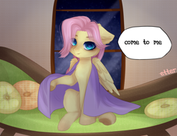Size: 2534x1959 | Tagged: safe, artist:etter, derpibooru import, fluttershy, pegasus, pony, blanket, bronybait, chest fluff, colored pupils, cute, ear fluff, ears, female, fluffy, heart eyes, indoors, inviting, looking at you, mare, room, sitting, smiling, smiling at you, sofa, solo, talking to viewer, unmoving plaid, watermark, window, wingding eyes, wings
