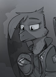 Size: 1024x1398 | Tagged: safe, artist:sinrar, derpibooru import, gilda, griffon, artificial wings, augmented, cigarette, clothes, exhale, female, grayscale, jacket, mechanical wing, monochrome, smoke, smoking, solo, wings
