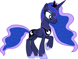 Size: 2821x2125 | Tagged: safe, artist:thebosscamacho, derpibooru import, princess luna, alicorn, pony, .svg available, crown, female, folded wings, full body, high res, hoof shoes, hooves, horn, jewelry, mare, raised hoof, raised leg, regalia, simple background, smiling, solo, standing, tail, transparent background, vector, wings