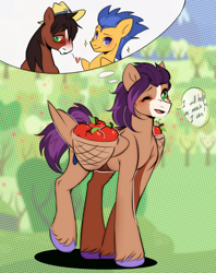 Size: 1810x2280 | Tagged: safe, artist:pledus, derpibooru import, flash sentry, trouble shoes, oc, oc:fast hooves, earth pony, pegasus, pony, apple, apple orchard, background, blushing, clydesdale, commissioner:bigonionbean, cowboy hat, cutie mark, dialogue, embarrassed, food, fruit, fusion, fusion:fast hooves, hat, high res, male, one eye closed, orchard, stallion, thought bubble, wink, writer:bigonionbean