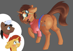 Size: 4720x3280 | Tagged: safe, artist:shaliwolf, derpibooru import, full steam, promontory, sunburst, oc, oc:nova reactor, earth pony, pony, unicorn, butt, clothes, commissioner:bigonionbean, cutie mark, flank, fusion, fusion:nova reactor, glasses, goggles, hat, large butt, male, plot, stallion, thought bubble