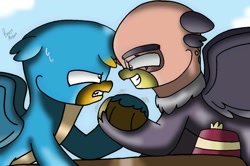 Size: 1128x750 | Tagged: safe, artist:beesmeliss, derpibooru import, gallus, grampa gruff, griffon, arm wrestling, chibi