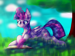 Size: 1212x912 | Tagged: safe, artist:blackmarkerdraws, derpibooru import, twilight sparkle, twilight sparkle (alicorn), alicorn, pony, book, cheek fluff, chest fluff, female, glowing, glowing horn, grass, horn, lying down, magic, prone, solo, tree