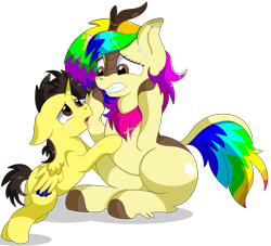 Size: 8800x8000 | Tagged: safe, artist:rainbowtashie, derpibooru import, oc, oc:rainbow tashie, oc:tommy the human, alicorn, earth pony, kirin, pony, alicorn oc, australia, butt, child, colt, commissioner:bigonionbean, crying, cute, cutie mark, daaaaaaaaaaaw, dialogue, duo, female, flank, foal, grin, horn, hug, kirin oc, kirin-ified, male, nintendo, plot, simple background, smiling, species swap, sweat, teary eyes, thicc ass, thought bubble, transparent background, wings, worried