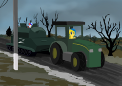 Size: 2480x1754 | Tagged: safe, artist:dr-fade, derpibooru import, oc, oc only, oc:marussia, oc:ukraine, earth pony, pony, current events, john deere, nation ponies, ponified, russia, tank (vehicle), tractor, ukraine, war