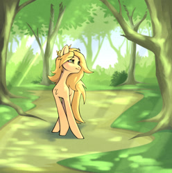 Size: 1268x1280 | Tagged: safe, artist:lilitepsilon, derpibooru import, oc, oc only, oc:hayflower, earth pony, mouse, pony, forest, green eyes, pet, smiling, solo, sun ray, sunshine