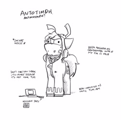 Size: 4000x4000 | Tagged: safe, artist:captainhoers, derpibooru import, oc, oc only, oc:tim, earth pony, 3ds, absurd resolution, antonymph, black and white, clothes, gir, grayscale, hoodie, male, monochrome, parody, simple background, solo, stallion, white background