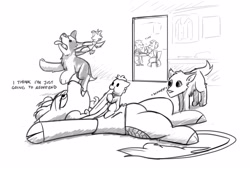 Size: 4428x3000 | Tagged: safe, artist:captainhoers, derpibooru import, oc, oc only, dog, kirin, pegasus, pony, absurd resolution, baby, baby pony, black and white, champagne glass, grayscale, kirin oc, lying down, monochrome, nom, on back, toasting