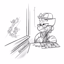 Size: 4000x4000 | Tagged: safe, artist:captainhoers, derpibooru import, oc, oc only, earth pony, pegasus, pony, unicorn, absurd resolution, annoyed, bingo, black and white, elderly, glasses, grayscale, hat, monochrome, skateboard, solo focus, spray paint