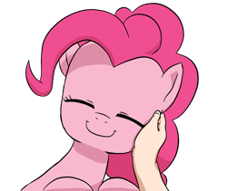 Size: 1460x1235 | Tagged: safe, artist:doublewbrothers, derpibooru import, edit, pinkie pie, oc, oc:anon, earth pony, human, pony, background removed, cute, eyes closed, fingers, hand, hnnng, not a vector, petting, simple background, smiling, transparent background