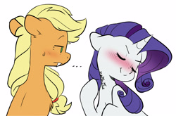 Size: 3583x2367 | Tagged: safe, artist:chub-wub, derpibooru import, applejack, rarity, earth pony, pony, unicorn, ..., applejack is not amused, blushing, body writing, duo, eyes closed, fangs, female, implied vampirism, lesbian, mare, marker, missing accessory, raised hoof, raised leg, rarijack, shipping, simple background, unamused, white background