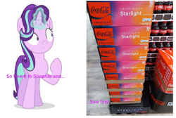 Size: 1002x674 | Tagged: safe, artist:thegamerpainter, derpibooru import, starlight glimmer, pony, unicorn, coca-cola, implied starlight glimmer, irl, irl photo, looking at self, looking at someone, meme, photo, raised hoof, raised leg, shoprite, solo, text