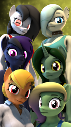 Size: 2160x3840 | Tagged: safe, artist:dangerous dpad, derpibooru import, oc, oc only, oc:arrell, oc:denalia, oc:golden berry, oc:green screen, oc:madam matilda, oc:moonshine, anthro, bat pony, earth pony, pegasus, plantigrade anthro, pony, unicorn, 3d, clothes, group, shirt, source filmmaker