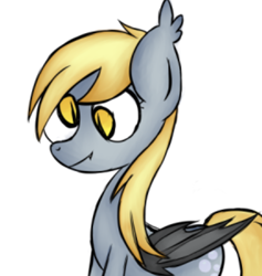 Size: 427x451 | Tagged: safe, artist:alandisc, derpibooru import, derpy hooves, bat pony, bat ponified, bat wings, bubble, derpybat, ear tufts, fangs, female, golden eyes, race swap, simple background, slit eyes, smiling, solo, white background, wings