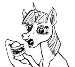 Size: 533x478 | Tagged: safe, artist:necromarecy, derpibooru import, twilight sparkle, pony, unicorn, burger, eyebrows, eyelashes, female, food, grayscale, hoers, horn, mare, monochrome, open mouth, simple background, solo, twilight burgkle, white background