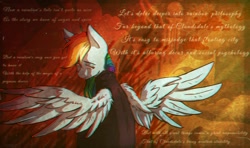 Size: 1024x608 | Tagged: safe, artist:regenbogen, derpibooru import, rainbow dash, pegasus, pony, fanfic:rainbow factory, fanfic art, looking back, sad, spread wings, wings