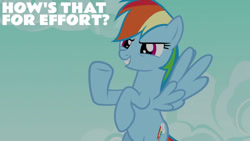 Size: 1280x720 | Tagged: safe, derpibooru import, edit, edited screencap, editor:quoterific, screencap, rainbow dash, pegasus, pony, 28 pranks later, season 6, female, flying, grin, mare, smiling, solo, spread wings, text, wings