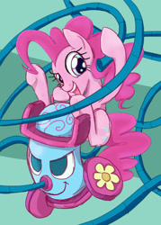 Size: 2408x3368 | Tagged: safe, artist:noupu, derpibooru import, pinkie pie, earth pony, pony, female, mare, open mouth, open smile, party vacuum cleaner, riding, smiling, solo, vacuum cleaner