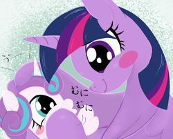 Size: 932x750 | Tagged: safe, artist:noupu, derpibooru import, princess flurry heart, twilight sparkle, twilight sparkle (alicorn), alicorn, pony, aunt and niece, auntie twilight, baby, baby pony, blush sticker, blushing, caress, cheek squish, duo, duo female, female, head pat, looking at each other, looking at someone, mare, pat, smiling, squishy cheeks